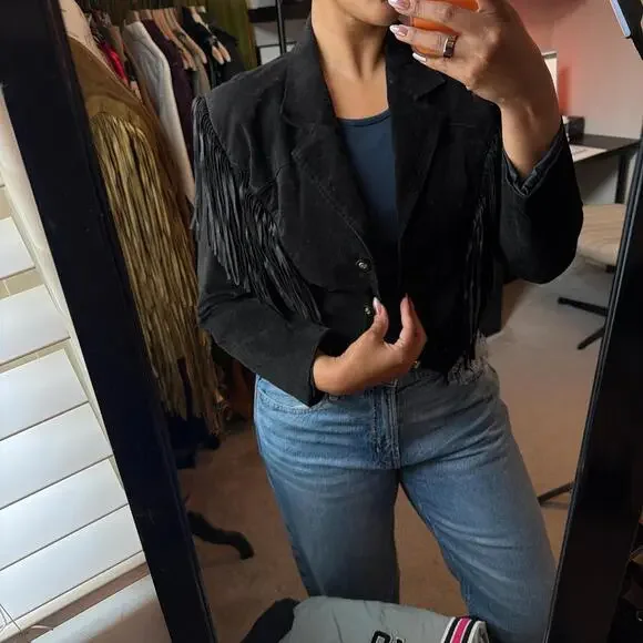 Vintage Black Fringe Suede Jacket - Picture 2 of 6